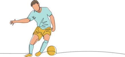 One single line drawing of young strong football defender block the ball and control it avoiding opponents. Soccer match sports concept. Continuous line draw design vector illustration png