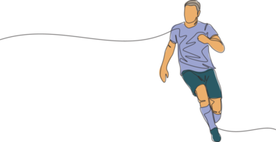 Single continuous line drawing of young energetic football player running to chase the ball at the game. Soccer match sports concept. One line draw design vector illustration png