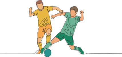 singolo continuo linea disegno di Due calcio Giocatori combattente per il palla a il gioco. calcio incontro gli sport concetto. uno linea disegnare design vettore illustrazione png