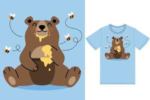 Cute bear eating honey illustration with tshirt design premium vector