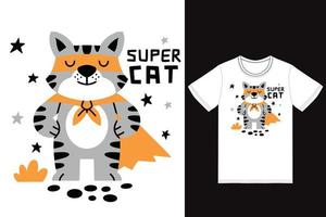 Cute cat superhero illustration with tshirt design premium vector