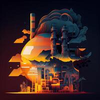 ilustración petróleo y gas planta con Envío cargando muelle a crepúsculo.procesamiento petróleo producto edificio de químico petróleo fábrica, pesado industrial sector. generativo ai foto