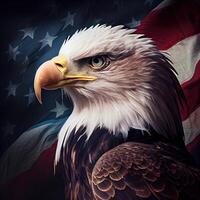 águila y Estados Unidos bandera nacional póster. americano calvo águila - un símbolo de America con bandera. calvo águila en americano bandera antecedentes creado. generativo ai foto