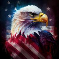 águila y Estados Unidos bandera nacional póster. americano calvo águila - un símbolo de America con bandera. calvo águila en americano bandera antecedentes creado. generativo ai foto