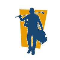 Silhouette of a male golf athlete carrying his golf club caddy bag. Silhouette of a golfer with tour bag in walking pose. vector