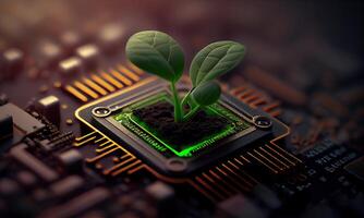 Growing tree on the converging point of acomputer circuit board. Nature with Digital Convergence and Technological Convergence. Green Computing, Green Technology, Green IT, csr, photo