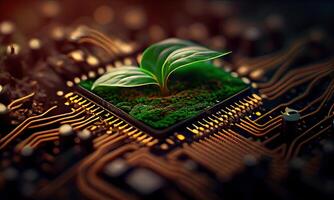 Growing tree on the converging point of acomputer circuit board. Nature with Digital Convergence and Technological Convergence. Green Computing, Green Technology, Green IT, csr, photo