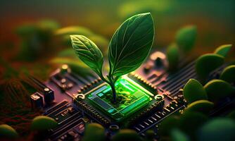 Growing tree on the converging point of acomputer circuit board. Nature with Digital Convergence and Technological Convergence. Green Computing, Green Technology, Green IT, csr, photo