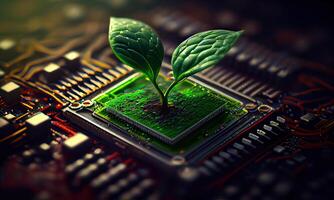 Growing tree on the converging point of acomputer circuit board. Nature with Digital Convergence and Technological Convergence. Green Computing, Green Technology, Green IT, csr, photo