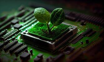 Growing tree on the converging point of acomputer circuit board. Nature with Digital Convergence and Technological Convergence. Green Computing, Green Technology, Green IT, csr, photo