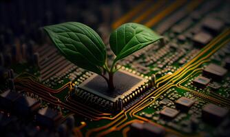 Growing tree on the converging point of acomputer circuit board. Nature with Digital Convergence and Technological Convergence. Green Computing, Green Technology, Green IT, csr, photo