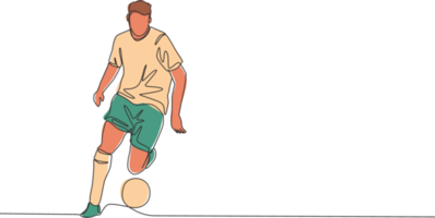 One single line drawing of young football playmaker dribbling a ball so calm at the match. Soccer match sports concept. Continuous line draw design vector illustration png
