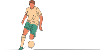 uno singolo linea disegno di giovane calcio playmaker dribbling un' palla così calma a il incontro. calcio incontro gli sport concetto. continuo linea disegnare design vettore illustrazione png