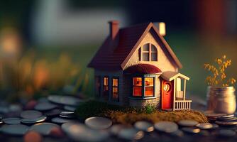 Mini house on a stack of coins. Concept of Investment property. Miniature house on stack coins using as property real estate and business financial concept. photo