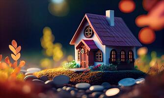 Mini house on a stack of coins. Concept of Investment property. Miniature house on stack coins using as property real estate and business financial concept. photo