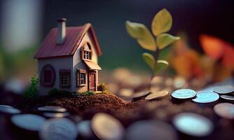 Mini house on a stack of coins. Concept of Investment property. Miniature house on stack coins using as property real estate and business financial concept. photo