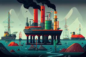 ilustración petróleo y gas planta con Envío cargando muelle a crepúsculo.procesamiento petróleo producto edificio de químico petróleo fábrica, pesado industrial sector. generativo ai foto