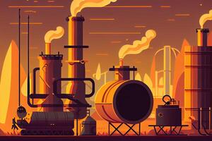 illustration Oil and Gas plant with shipping loading dock at twilight.Processing Oil Product Building of Chemical Petroleum Factory, Heavy Industrial Sector. photo