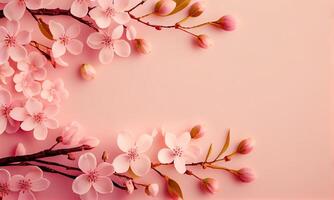 Dreamy cherry blossoms as a natural border,on pink background. Cherry flowers in small clusters on a cherry tree branch on pink background with copyspace. photo