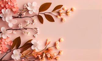 soñador Cereza flores como un natural Bordear rosado antecedentes. Cereza flores en pequeño racimos en un Cereza árbol rama en rosado antecedentes con espacio de copia. generativo ai foto