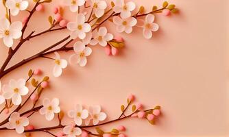 Dreamy cherry blossoms as a natural border,on pink background. Cherry flowers in small clusters on a cherry tree branch on pink background with copyspace. photo