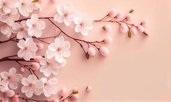 soñador Cereza flores como un natural Bordear rosado antecedentes. Cereza flores en pequeño racimos en un Cereza árbol rama en rosado antecedentes con espacio de copia. generativo ai foto