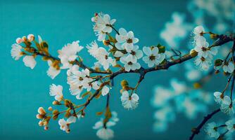 soñador Cereza flores como un natural Bordear azul antecedentes. Cereza flores en pequeño racimos en un Cereza árbol rama en azul antecedentes con espacio de copia. generativo ai foto