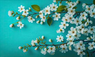 soñador Cereza flores como un natural Bordear azul antecedentes. Cereza flores en pequeño racimos en un Cereza árbol rama en azul antecedentes con espacio de copia. generativo ai foto