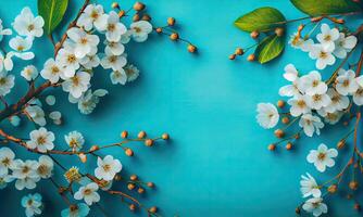 Dreamy cherry blossoms as a natural border,on blue background. Cherry flowers in small clusters on a cherry tree branch on blue background with copyspace. photo