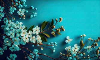 Dreamy cherry blossoms as a natural border,on blue background. Cherry flowers in small clusters on a cherry tree branch on blue background with copyspace. photo