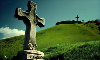 cruzar en Mañana verde campo. cristiano cruzar de Jesús Cristo en un campo. generativo ai. foto