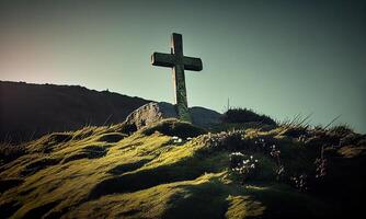 cross in morning green field. Christian cross of Jesus Christ on a field. . photo