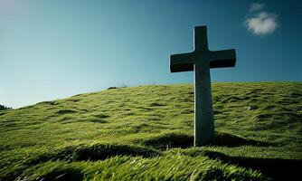 cross in morning green field. Christian cross of Jesus Christ on a field. . photo