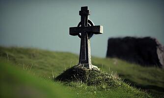 cross in morning green field. Christian cross of Jesus Christ on a field. . photo