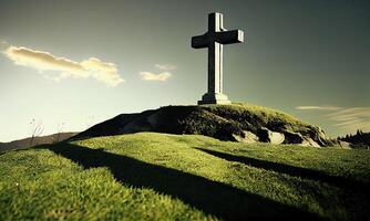 cross in morning green field. Christian cross of Jesus Christ on a field. . photo