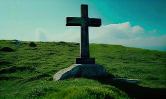 cross in morning green field. Christian cross of Jesus Christ on a field. . photo
