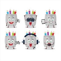 Glass of pencil cartoon character are playing games with various cute emoticons vector