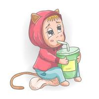 Funny little man Chibi in clothes sitting drinking juice from a glass through a straw contour vector color illustration