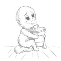 pequeño gracioso hombre chibi sentado Bebiendo jugo desde un vaso mediante un Paja contorno vector ilustración
