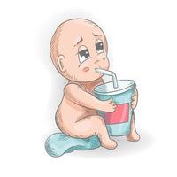 pequeño gracioso hombre chibi sentado Bebiendo jugo desde un vaso mediante un Paja contorno vector color ilustración