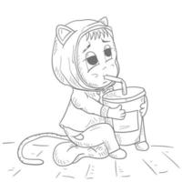 Funny little man Chibi in clothes sitting drinking juice from a glass through a straw contour vector illustration