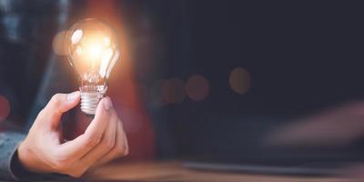 Entrepreneur shows innovative ideas and brain power from brainstorming with light bulbs ,Finding new solutions to solve business problems ,Finding Creativity and Inspiration ,successful business ideas photo