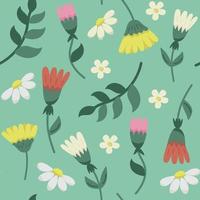 Vector Seamless Pattern with Flat Cute Minimalistic flowers on green background. Spring Floral Print with Blossom Field Flowers.