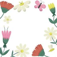 Spring square background with different flat flowers. Vector illustration frame of floral plants, banner template