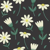 Flat vector botanical seamless pattern with white flowers on dark background. Spring background with blossom wild flowers for Fabric, Wallpaper, Posters, Banners.