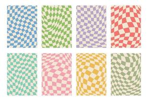 Retro set of groovy wavy psychedelic checkerboard in pale pastel colors, A4. Y2K, phone case background from the 90s. Hippie chessboard template. Psychedelic retro design from the 60s 70s. Gingham. vector