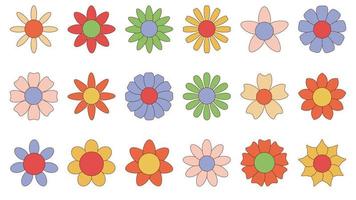 Cute set of simple groovy daisy flowers in flat cartoon style isolated on white background. Chamomile flowers, Chrysanthemum. vector