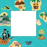 pirata fiesta saludo tarjeta modelo con linda marina paisaje plan o mapa. cuadrado póster con tesoro isla escena o invitación para niños. brillante mar fiesta ilustración con sitio para texto vector