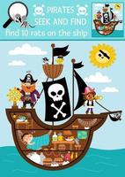 Vector pirate searching game. Spot hidden rats in the picture. Simple treasure island seek and find printable activity for kids. Sea adventures treasure hunt. Find ten rats on the ship