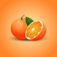 Orange with sliced and green leaves isolated on white background, relistic orange with Green leaf, 3D vector orange